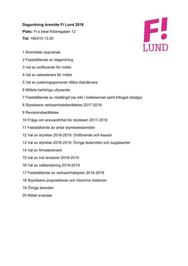 Dagordning årsmöte Fi Lund 2018-15-04